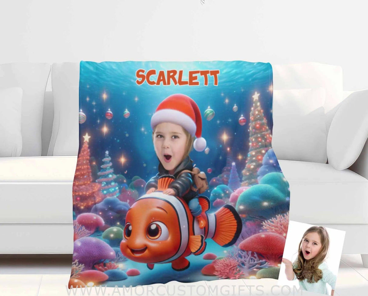 Blankets Personalized Nemo Xmas Girl 1 Photo Blanket | Custom Face & Name Blanket For Girls