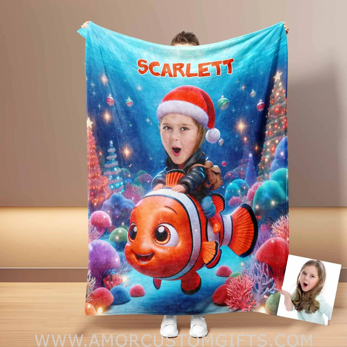 Blankets Personalized Nemo Xmas Girl 1 Photo Blanket | Custom Face & Name Blanket For Girls