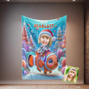 Blankets Personalized Nemo Xmas Girl 2 Photo Blanket | Custom Face & Name Blanket For Girls