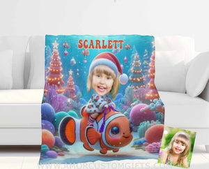 Blankets Personalized Nemo Xmas Girl 2 Photo Blanket | Custom Face & Name Blanket For Girls