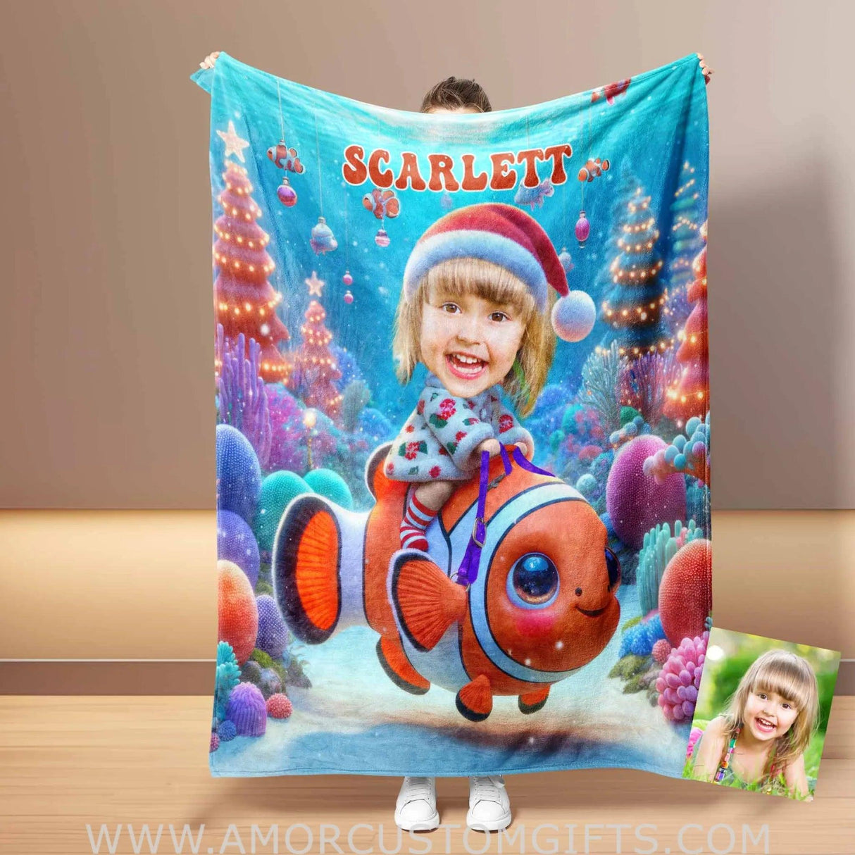 Blankets Personalized Nemo Xmas Girl 2 Photo Blanket | Custom Face & Name Blanket For Girls