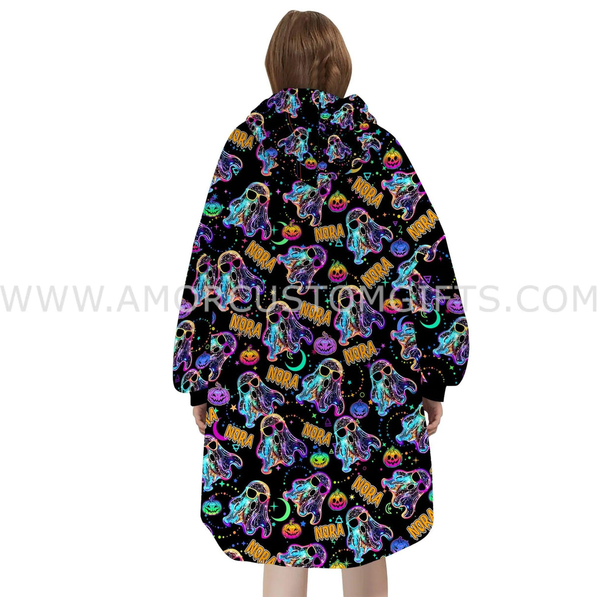 Personalized Neon Retro Ghost Snug Oversized Wearable Hoodie Blanket-Hoodie Blanket-Amor Custom Gifts