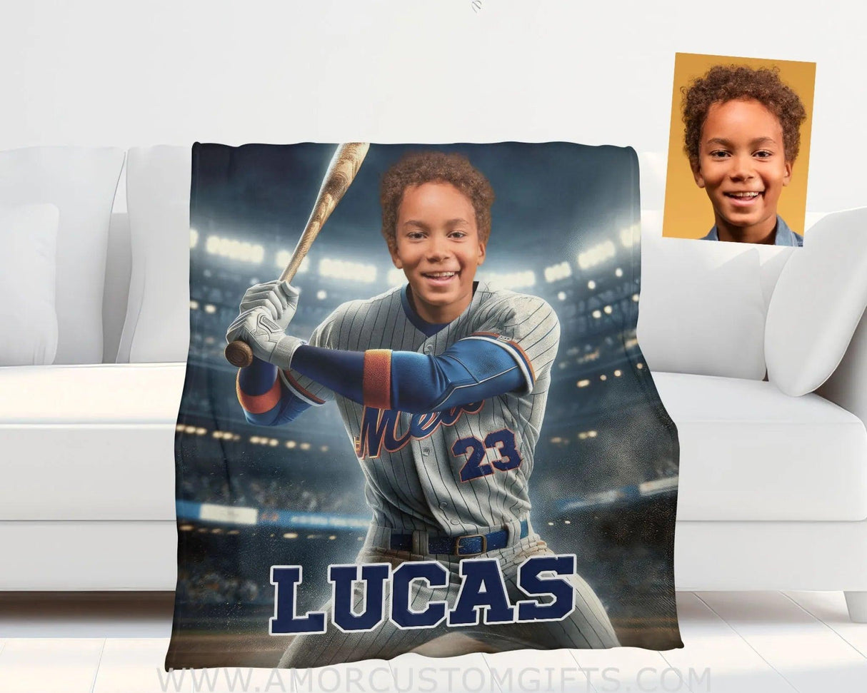 Blankets Personalized MLB New York Baseball Boy Mets Photo Blanket | Custom Name & Face Boy Blanket