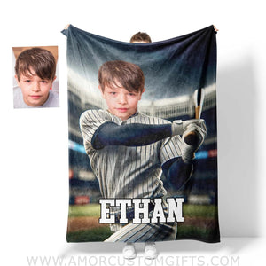 Blankets Personalized MLB New York Baseball Boy Yankees Photo Blanket | Custom Name & Face Boy Blanket