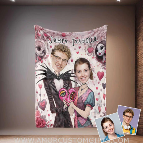 Blankets Personalized Nightmare Jack Sally 3 Blanket | Custom Face & Name Couple Blanket