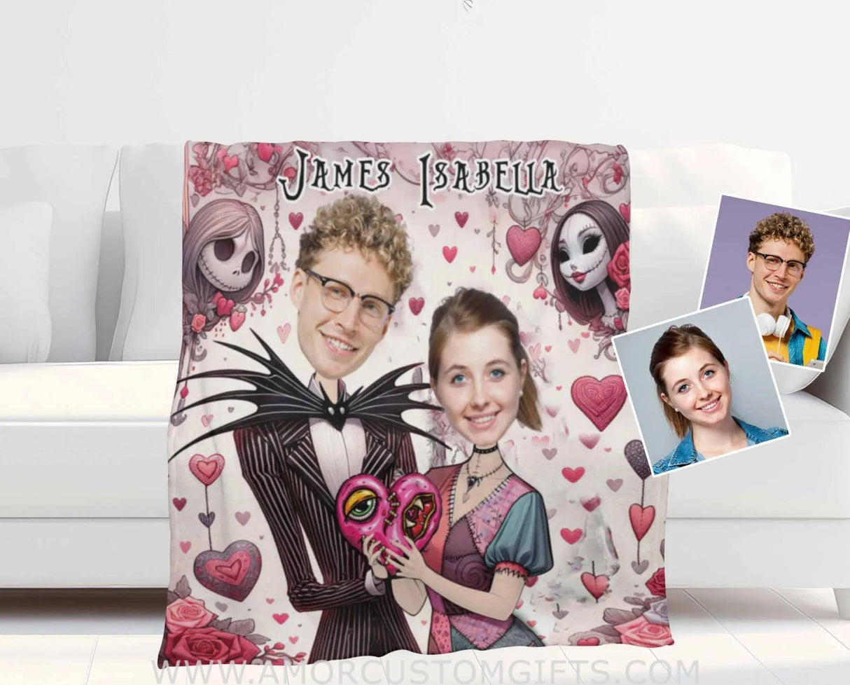 Blankets Personalized Nightmare Jack Sally 3 Blanket | Custom Face & Name Couple Blanket