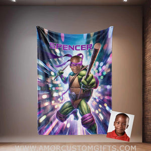 Blankets Personalized Ninja Boy 17 Photo Blanket | Custom Face & Name Mutant Turtle Purple Bandana Blanket