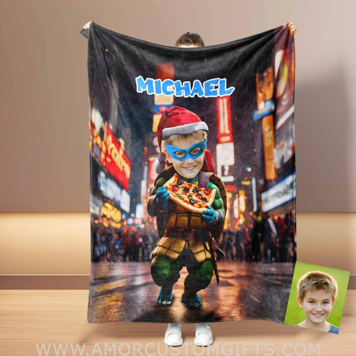 Blankets Personalized Ninja Boy 2 Xmas Pizza Blanket | Custom Face & Name Blanket For Boys