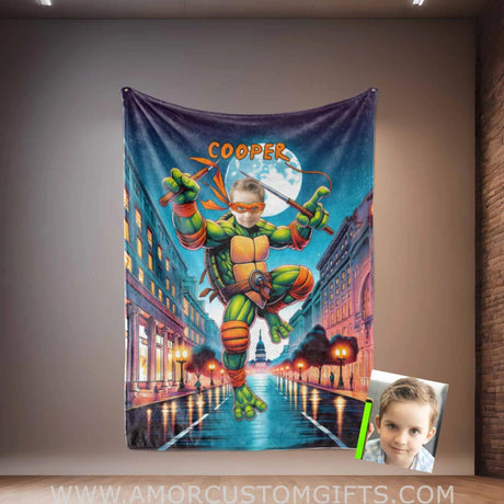 Blankets Personalized Ninja Boy Capital Hill Photo Blanket | Custom Face & Name Mutant Turtle Orange Bandana Don Blanket