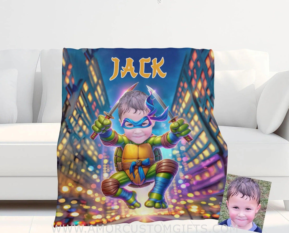 Blankets Personalized Ninja Boy Photo Blanket | Custom Face & Name Mutant Turtle Blue Bandana Blanket