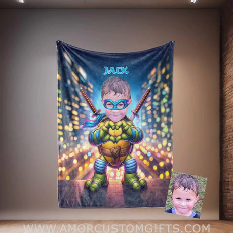 Blankets Personalized Ninja Boy Photo Blanket | Custom Face & Name Mutant Turtle Blue Bandana Heart Hand Gesture Blanket