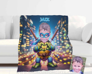 Blankets Personalized Ninja Boy Photo Blanket | Custom Face & Name Mutant Turtle Blue Bandana Heart Hand Gesture Blanket