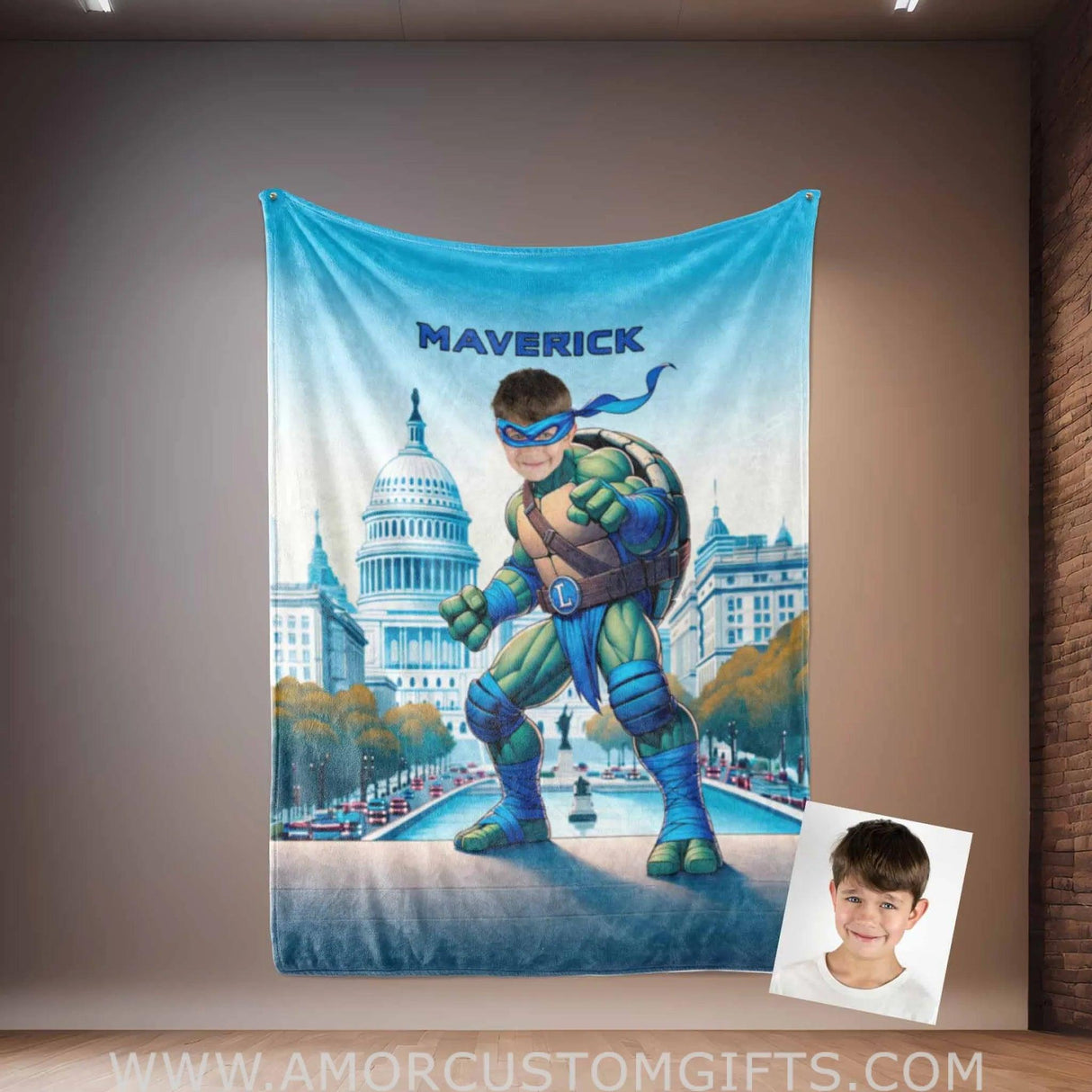 Blankets Personalized Ninja Boy 15 Photo Blanket | Custom Face & Name Mutant Turtle Blue Bandana In Washington DC Capital Hill Blanket