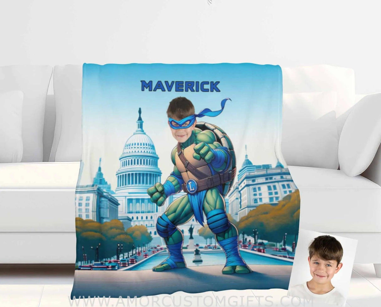 Blankets Personalized Ninja Boy 15 Photo Blanket | Custom Face & Name Mutant Turtle Blue Bandana In Washington DC Capital Hill Blanket