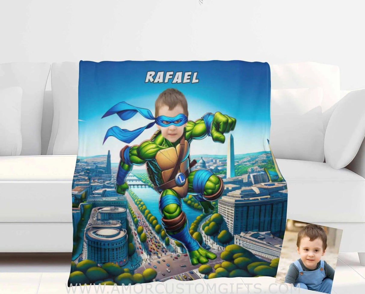 Blankets Personalized Ninja Boy Photo Blanket | Custom Face & Name Mutant Turtle Blue Bandana In Washington DC Monument Blanket