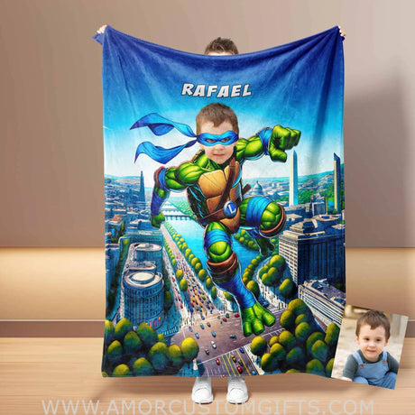 Blankets Personalized Ninja Boy Photo Blanket | Custom Face & Name Mutant Turtle Blue Bandana In Washington DC Monument Blanket