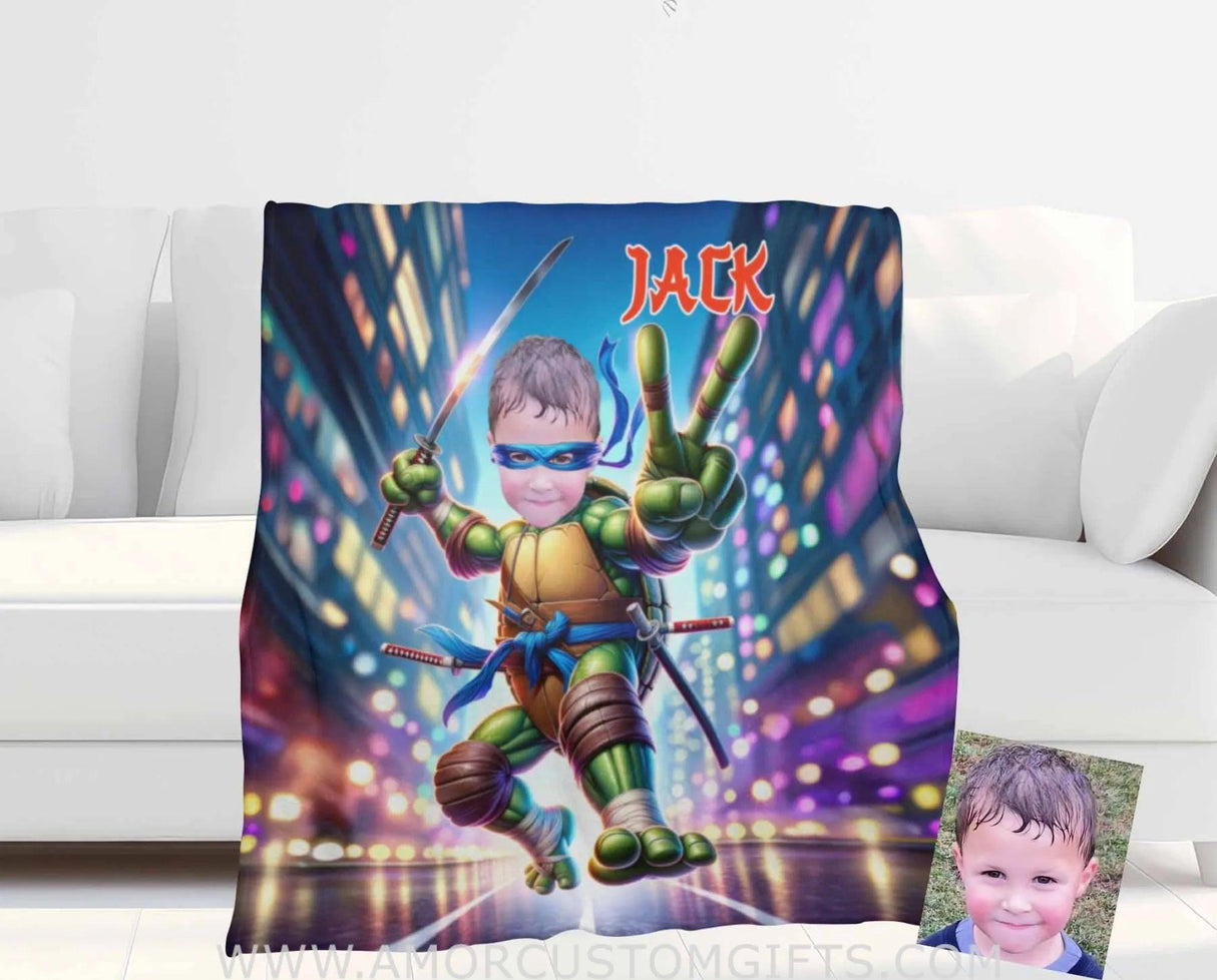 Blankets Personalized Ninja Boy Photo Blanket | Custom Face & Name Mutant Turtle Blue Bandana Victory V Hand Gesture Blanket