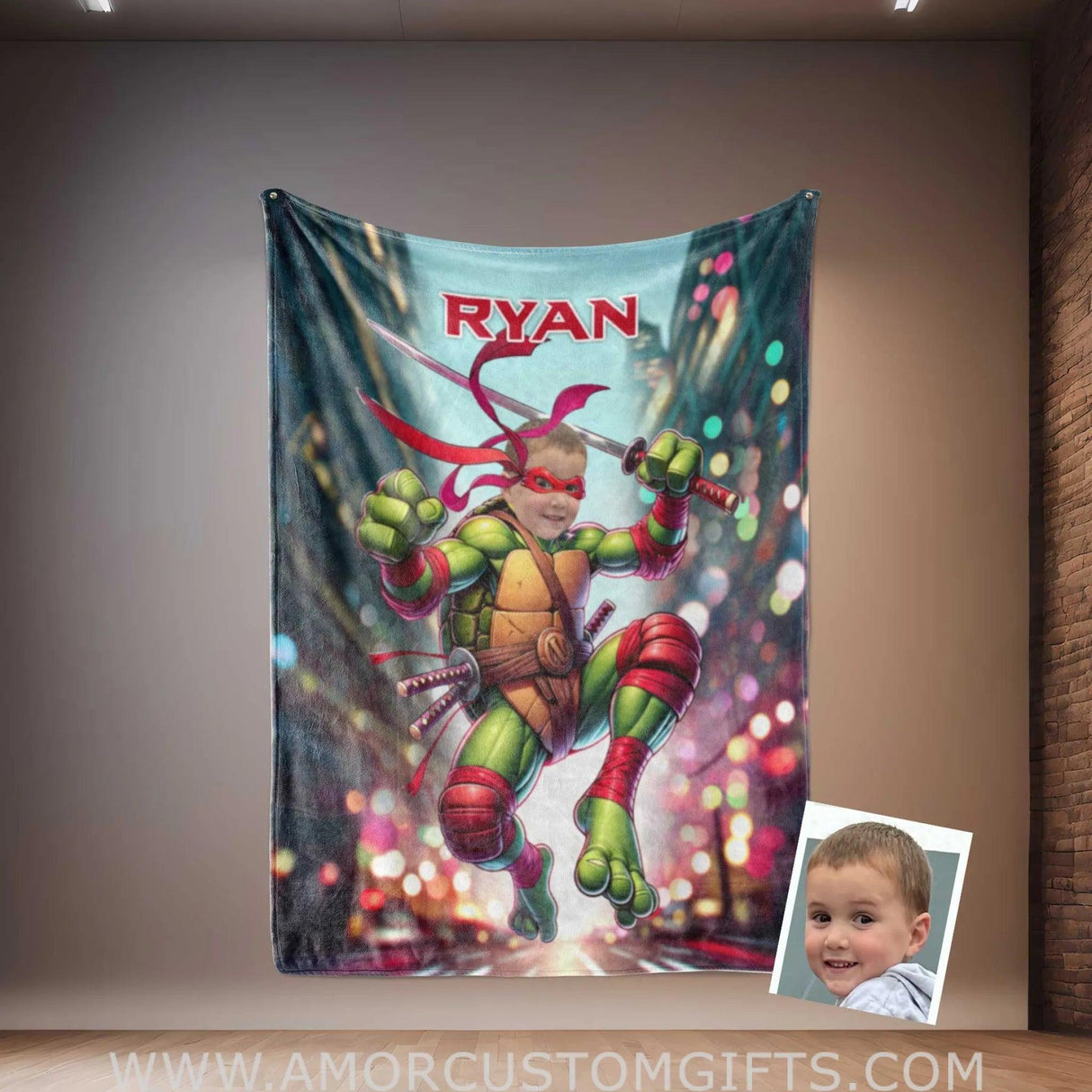 Blankets Personalized Ninja Boy Photo Blanket | Custom Face & Name Mutant Turtle Red Bandana Blanket