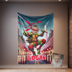 Blankets Personalized Ninja Boy Photo Blanket | Custom Face & Name Mutant Turtle Red Bandana in  Washington Monument Blanket