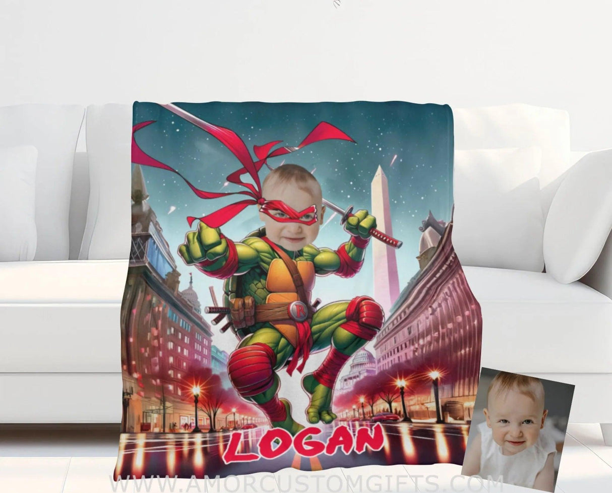 Blankets Personalized Ninja Boy Photo Blanket | Custom Face & Name Mutant Turtle Red Bandana in  Washington Monument Blanket