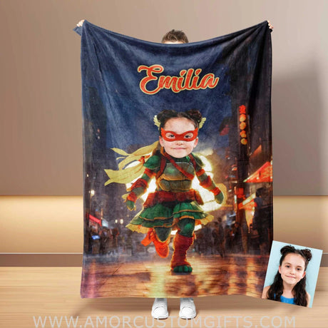 Blankets Personalized Ninja Girl Blanket | Customized Mutant Turtle Girl Photo Blanket