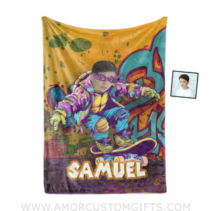 Blankets Personalized Ninja Turtle Graffiti Skating Photo Boy Blanket | Custom Name & Face Boy Blanket