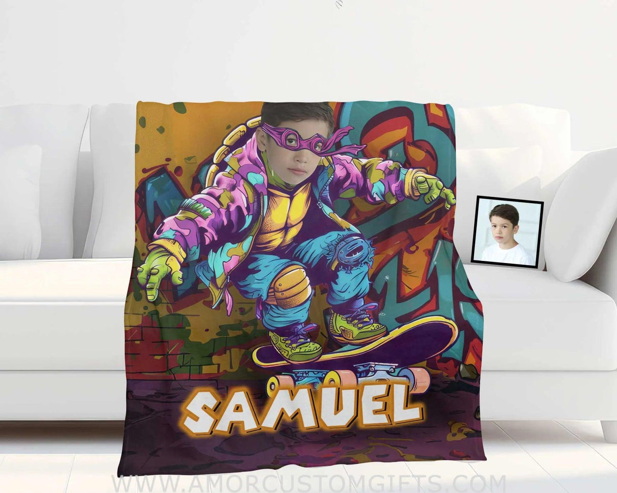 Blankets Personalized Ninja Turtle Graffiti Skating Photo Boy Blanket | Custom Name & Face Boy Blanket