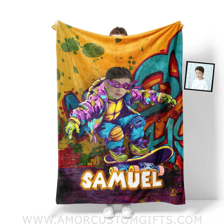 Blankets Personalized Ninja Turtle Graffiti Skating Photo Boy Blanket | Custom Name & Face Boy Blanket