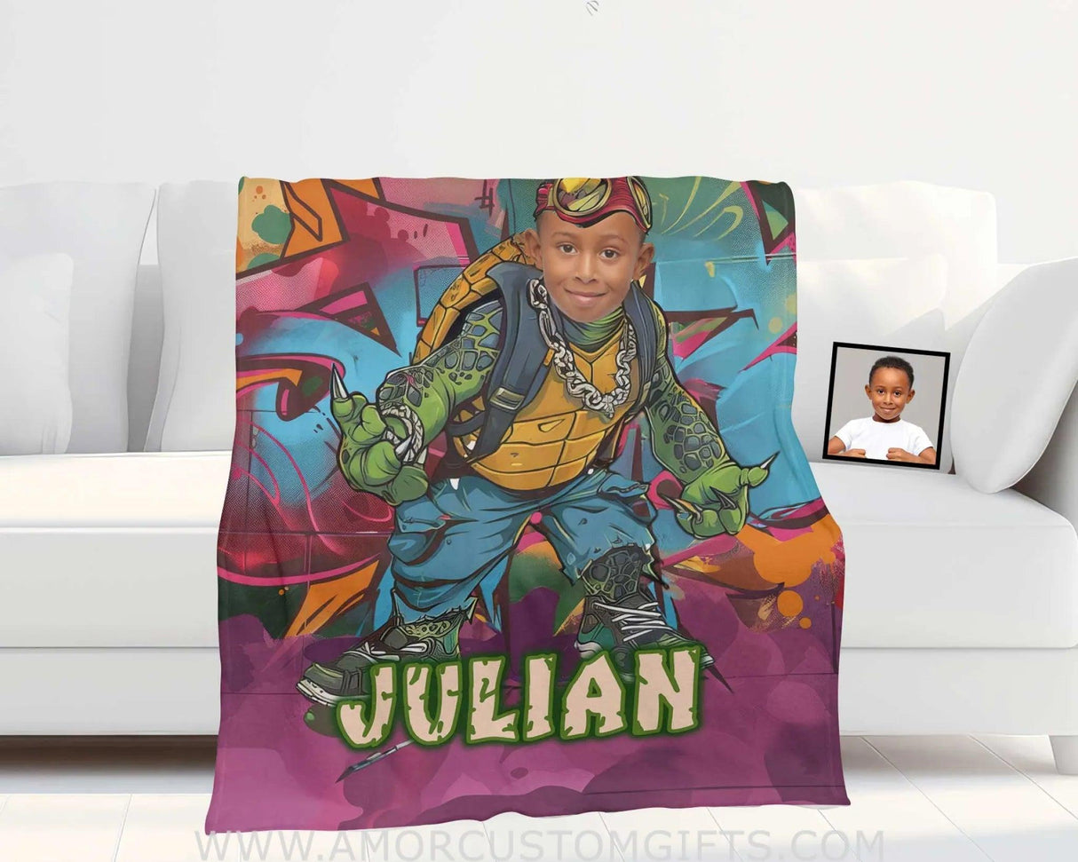 Blankets Personalized Ninja Turtle Graffiti Street Photo Boy Blanket | Custom Name & Face Boy Blanket