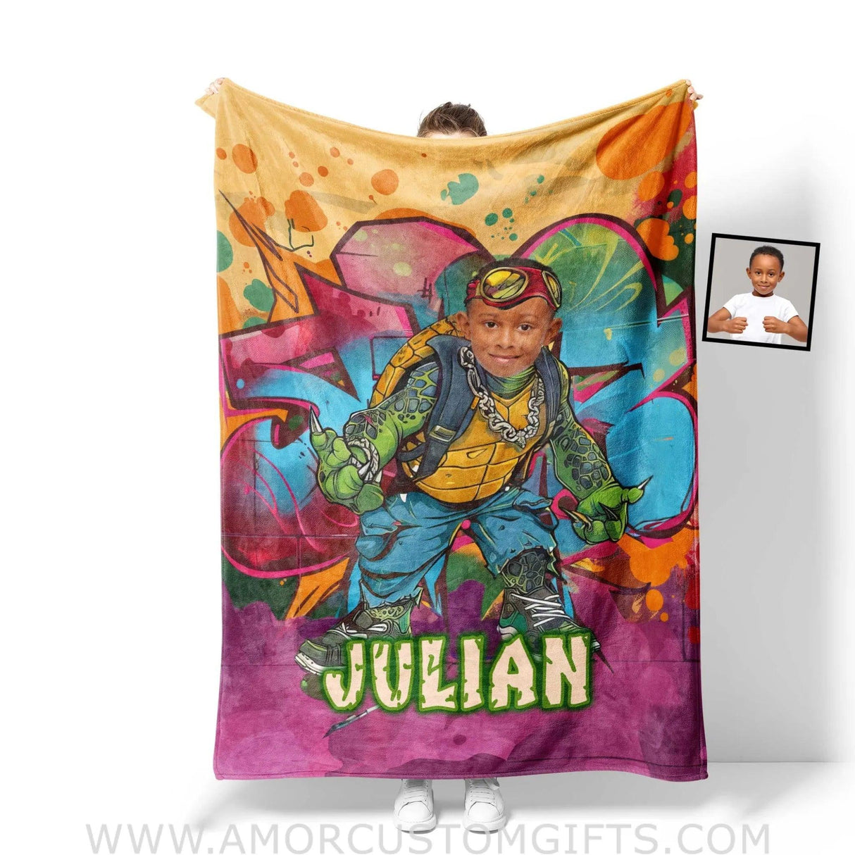 Blankets Personalized Ninja Turtle Graffiti Street Photo Boy Blanket | Custom Name & Face Boy Blanket