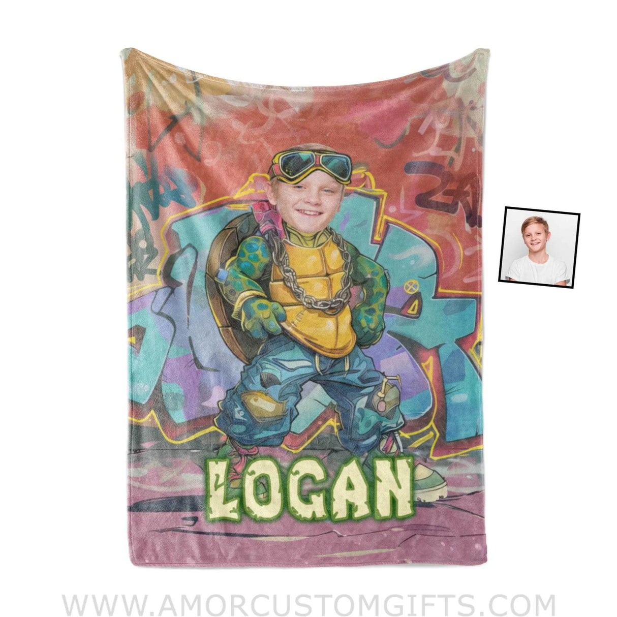 Blankets Personalized Ninja Turtle Graffiti Street Style Photo Boy Blanket | Custom Name & Face Boy Blanket