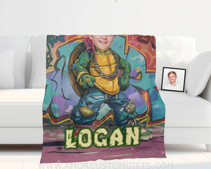 Blankets Personalized Ninja Turtle Graffiti Street Style Photo Boy Blanket | Custom Name & Face Boy Blanket