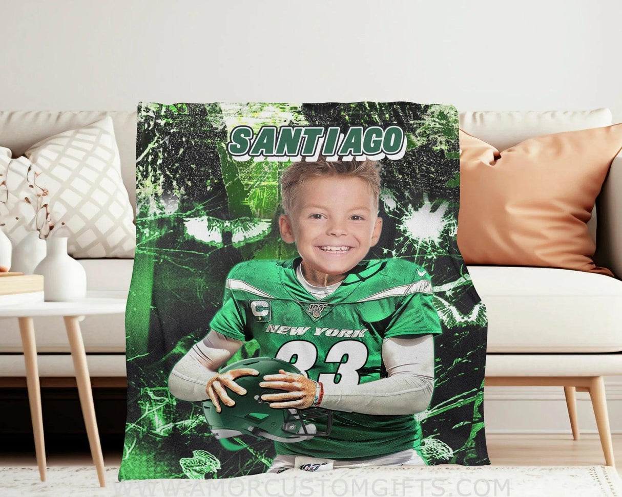 Blankets Personalized NY Jets Football Boy Blanket | Custom Face & Name Football Boys Blanket