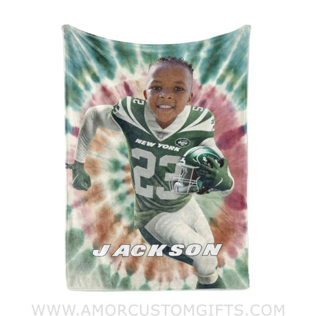 Blankets Personalized NY Jets Football Boy Tie Dye Photo Blanket | Custom Name & Face Boy Blanket