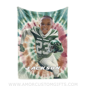 Blankets Personalized NY Jets Football Boy Tie Dye Photo Blanket | Custom Name & Face Boy Blanket