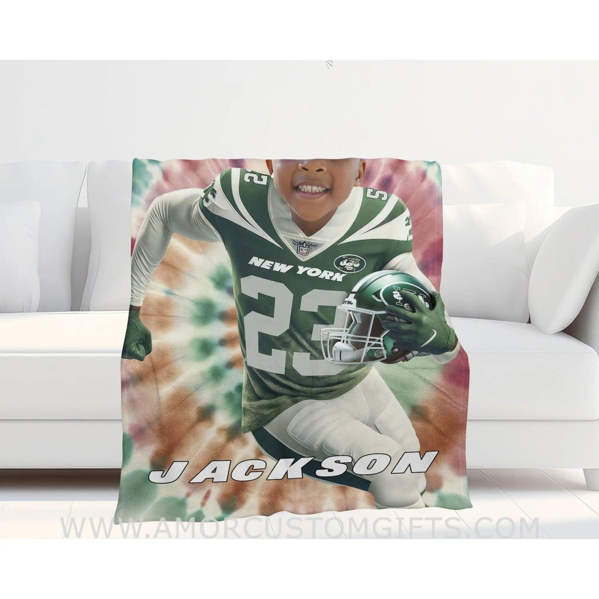 Blankets Personalized NY Jets Football Boy Tie Dye Photo Blanket | Custom Name & Face Boy Blanket