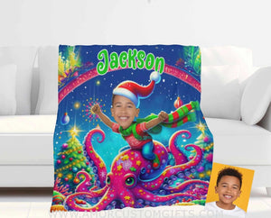 Blankets Personalized Octopus Xmas Boy 1 Blanket | Custom Face & Name Boy Photo Blanket