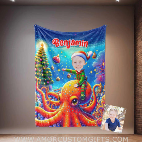 Blankets Personalized Octopus Xmas Boy 2 Blanket | Custom Face & Name Boy Photo Blanket