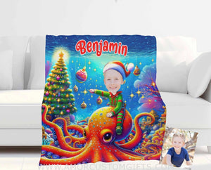 Blankets Personalized Octopus Xmas Boy 2 Blanket | Custom Face & Name Boy Photo Blanket