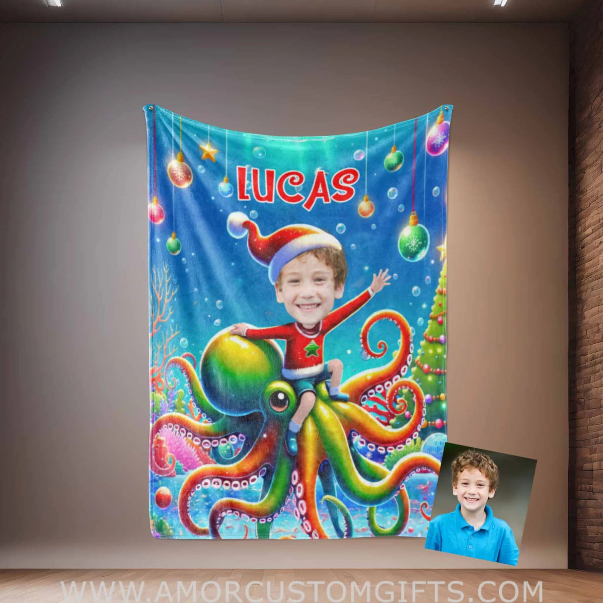 Blankets Personalized Octopus Xmas Boy 3 Blanket | Custom Face & Name Boy Photo Blanket