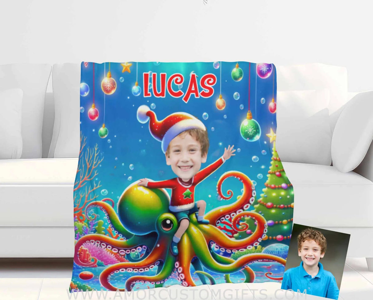 Blankets Personalized Octopus Xmas Boy 3 Blanket | Custom Face & Name Boy Photo Blanket