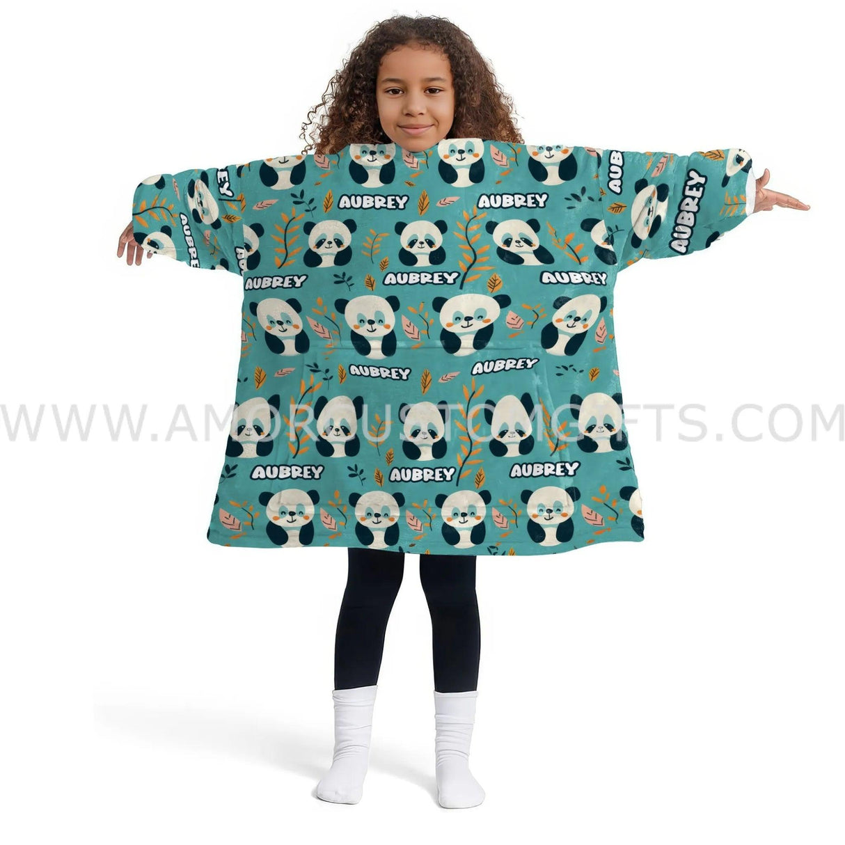 Personalized Panda Flower Snug Oversized Wearable Hoodie Blanket-Hoodie Blanket-Amor Custom Gifts