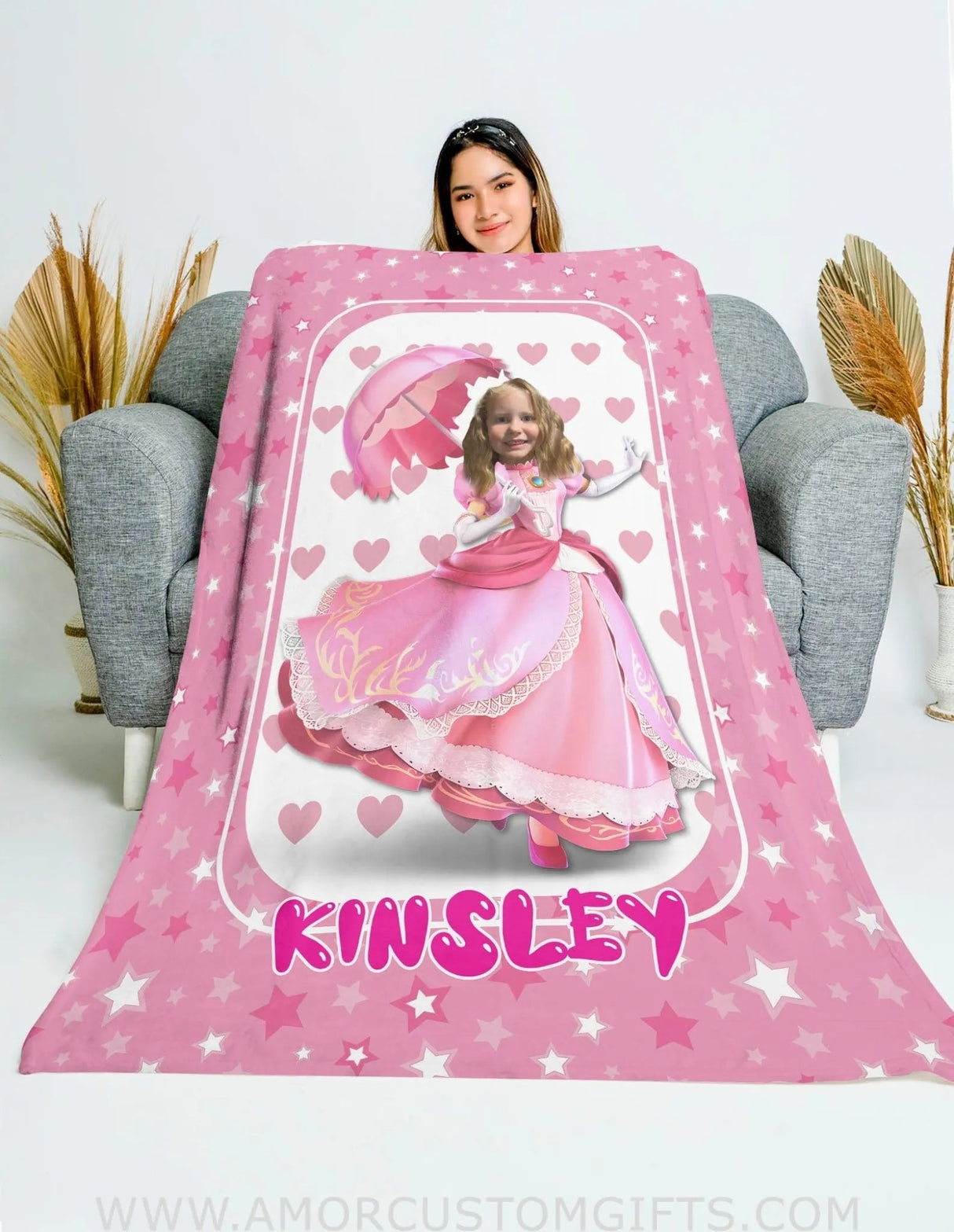 Blankets Personalized Pink Princess Blanket | Custom Name & Face Girl Princess Blanket