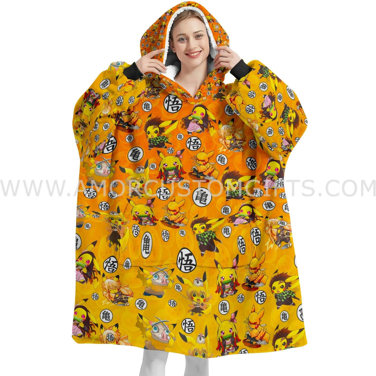 Personalized Pikachu Demon Anime Snug Oversized Wearable Hoodie Blanket-Hoodie Blanket-Amor Custom Gifts