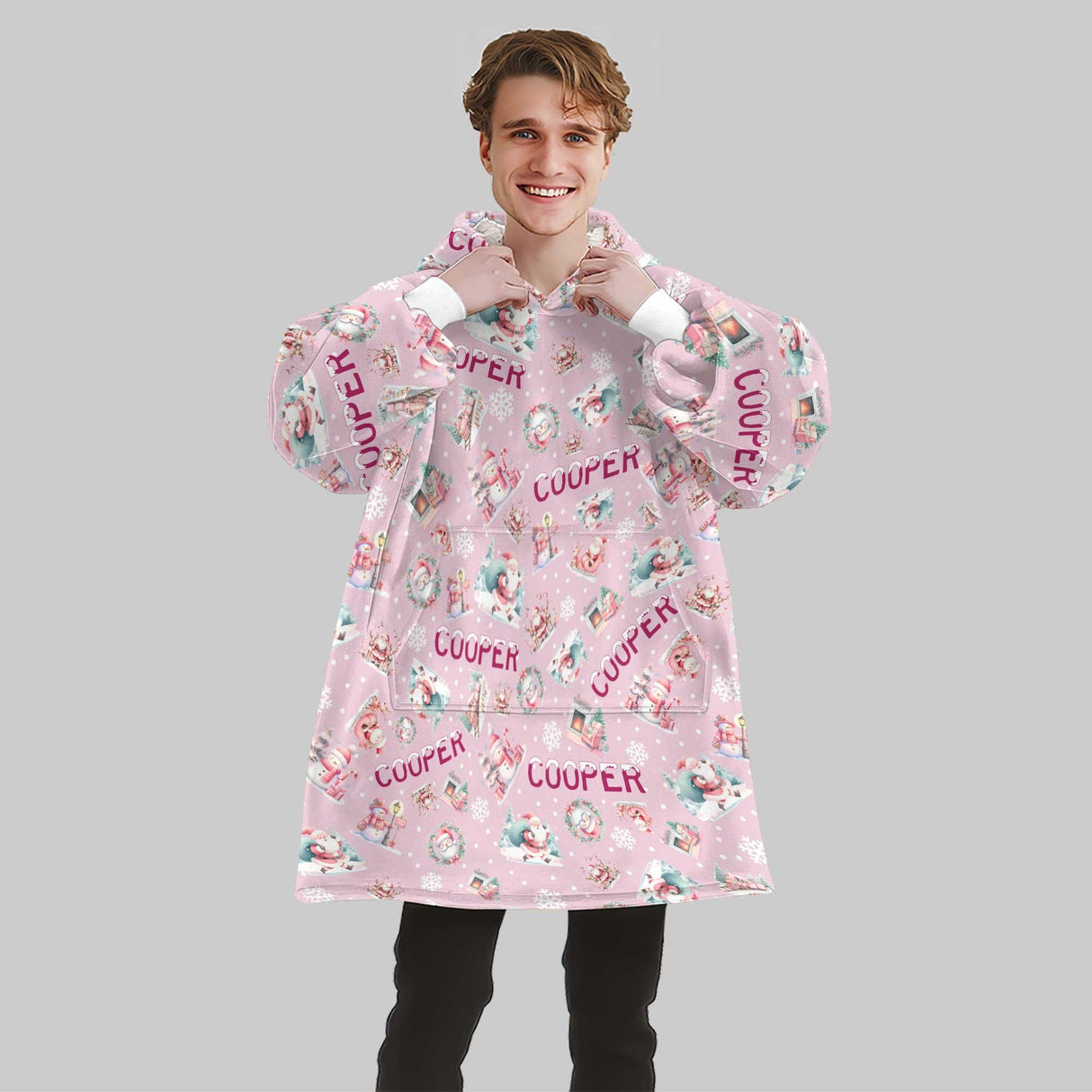 Personalized Pink Christmas Gingerbread House Snug Oversized Wearable Hoodie Blanket - Amor Custom Gifts