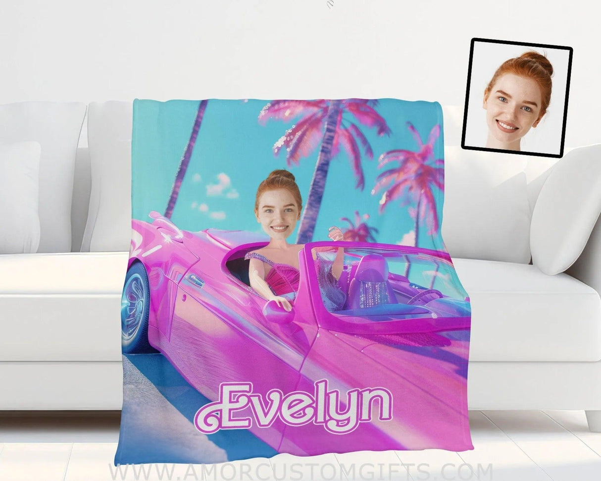 Blankets Personalized Barbie Car Beach Blanket | Custom Name & Face Girl Blanket