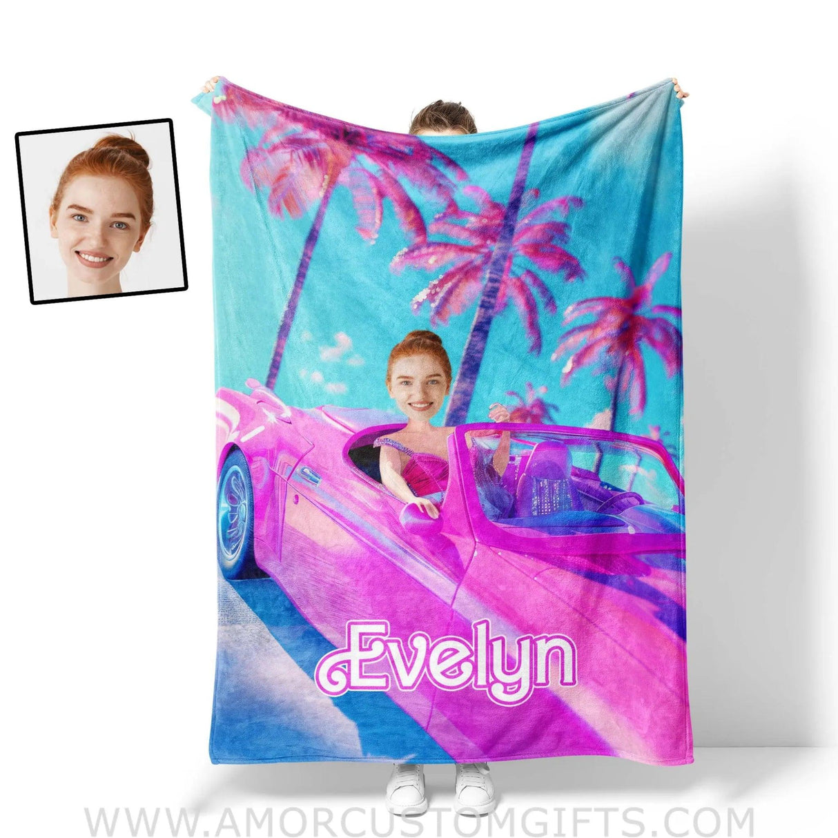 Blankets Personalized Barbie Car Beach Blanket | Custom Name & Face Girl Blanket