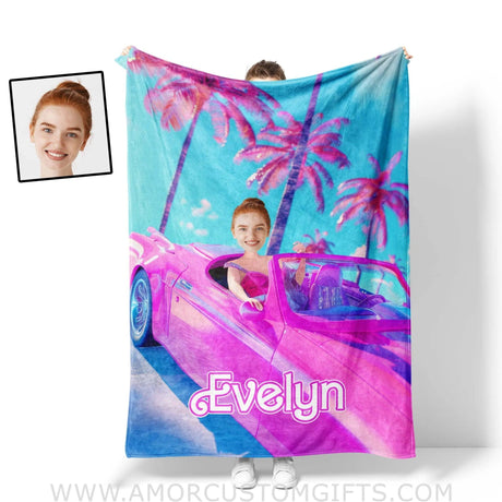 Blankets Personalized Barbie Car Beach Blanket | Custom Name & Face Girl Blanket