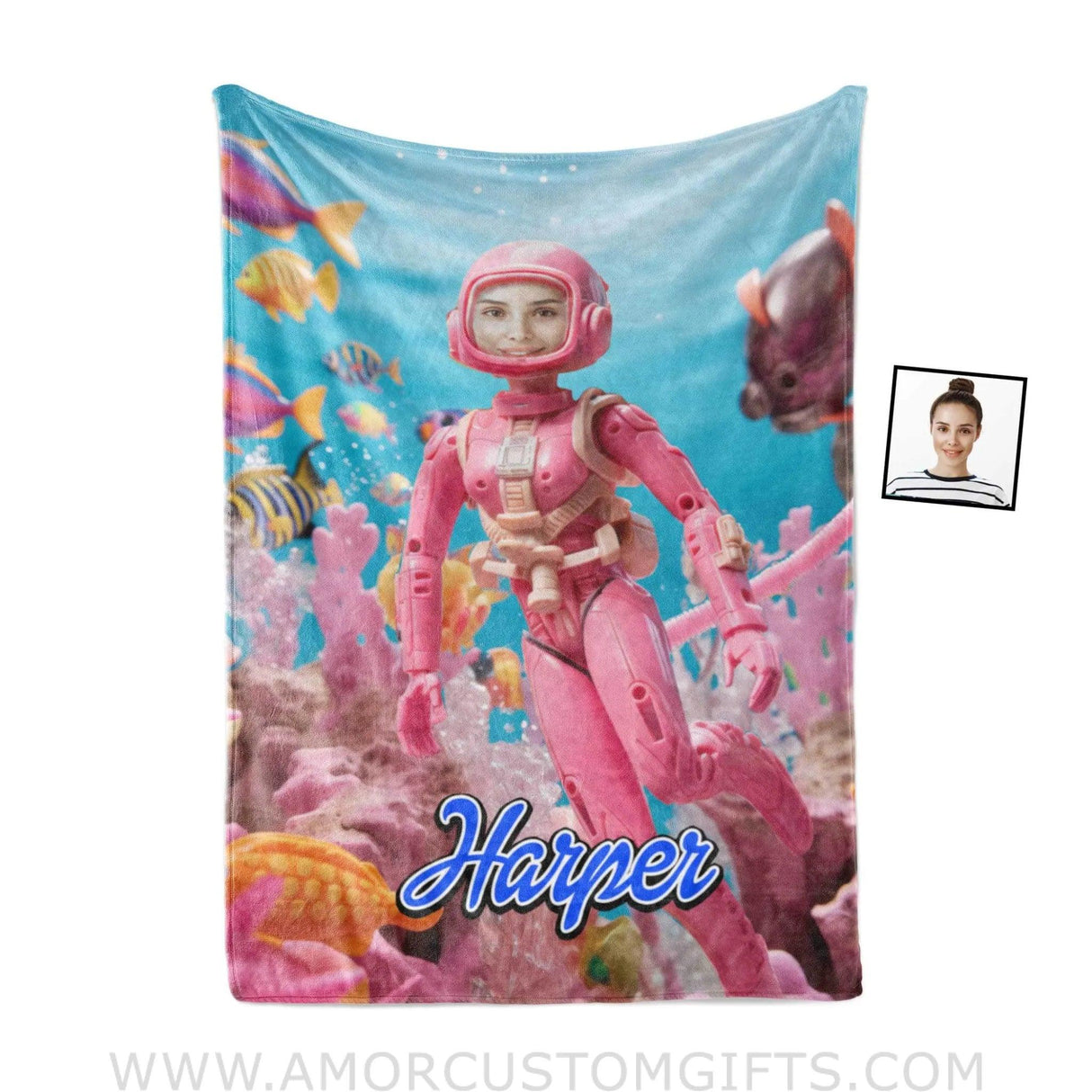 Blankets Personalized Barbi Diving Blanket | Custom Name & Face Girl Blanket