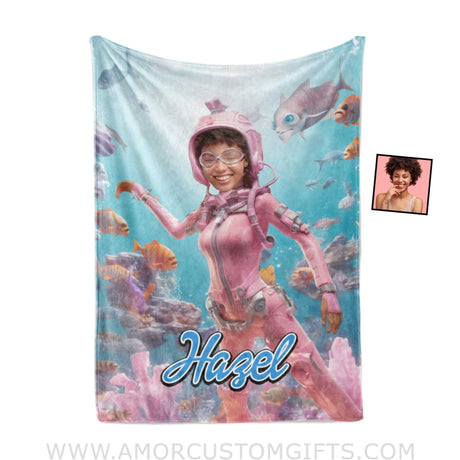 Blankets Personalized Barbi Diving With Fish Blanket | Custom Name & Face Girl Blanket